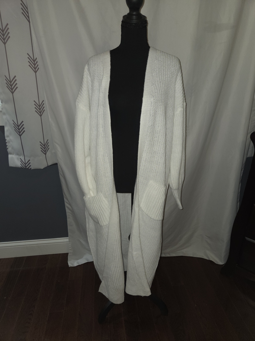 SHEIN Ivory Open-Front Long Cardigan with Patch Pockets